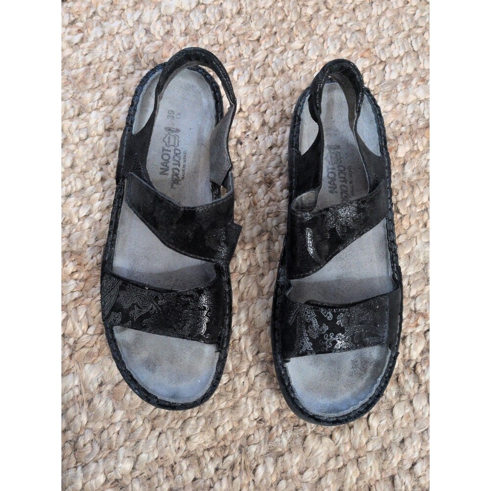 Womens Naot Enid Sandals 8.5/39 Black Leather Paisley Comfort Shoes Walking